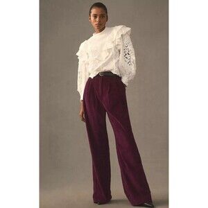 Farm Rio Anthropologie Women Pants Wide Leg Flare Wine Corduroy Preppy Sz XS NWT